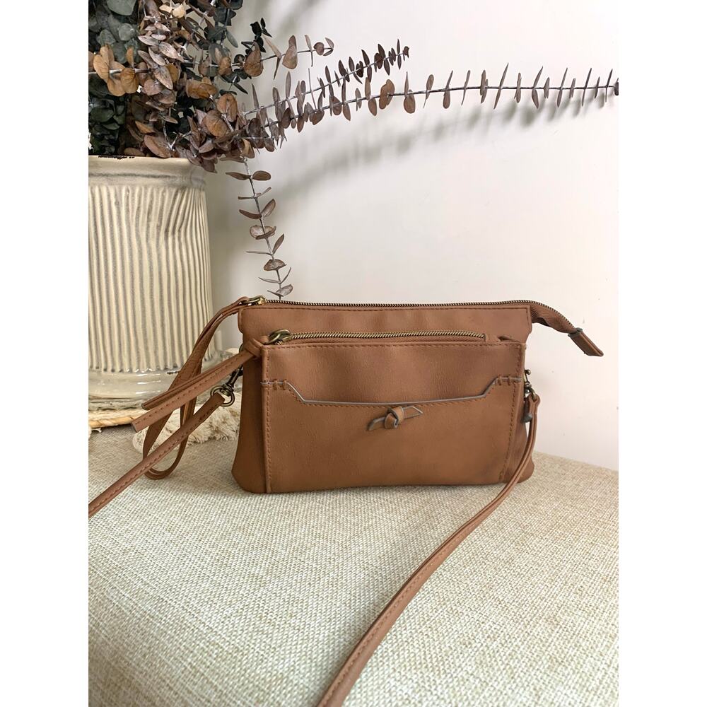Brown Faux Leather Double Zip Crossbody Bag Purse Minimalist Neutral Casual Boho